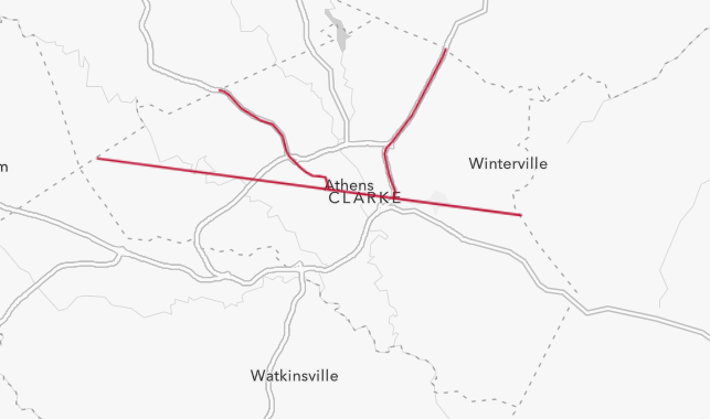 Map of the Athens-Clarke County area, showing the camera routes in red.
